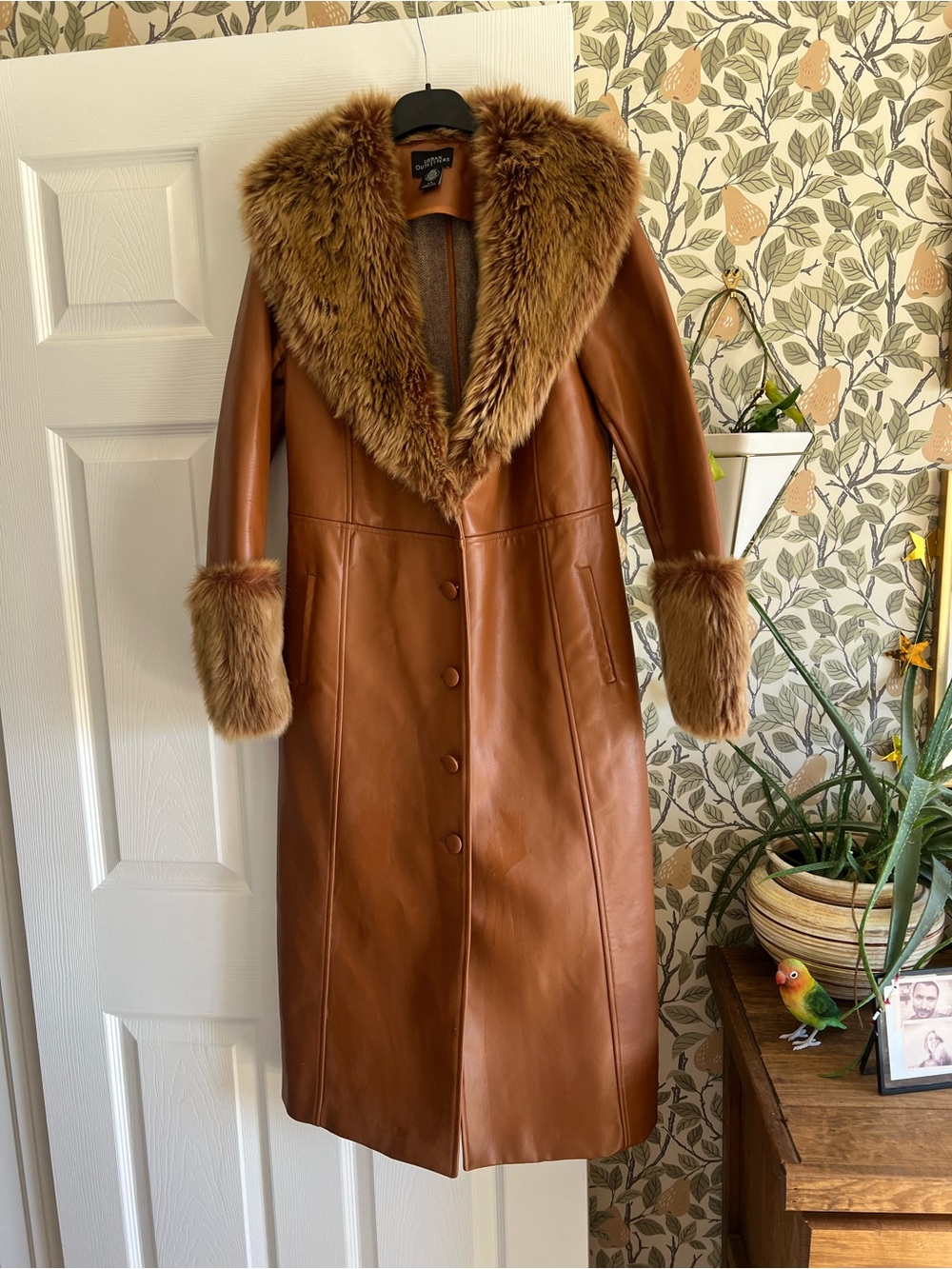 Urban Outfitters Chestnut Brown Faux Leather Coat with Fur Trim